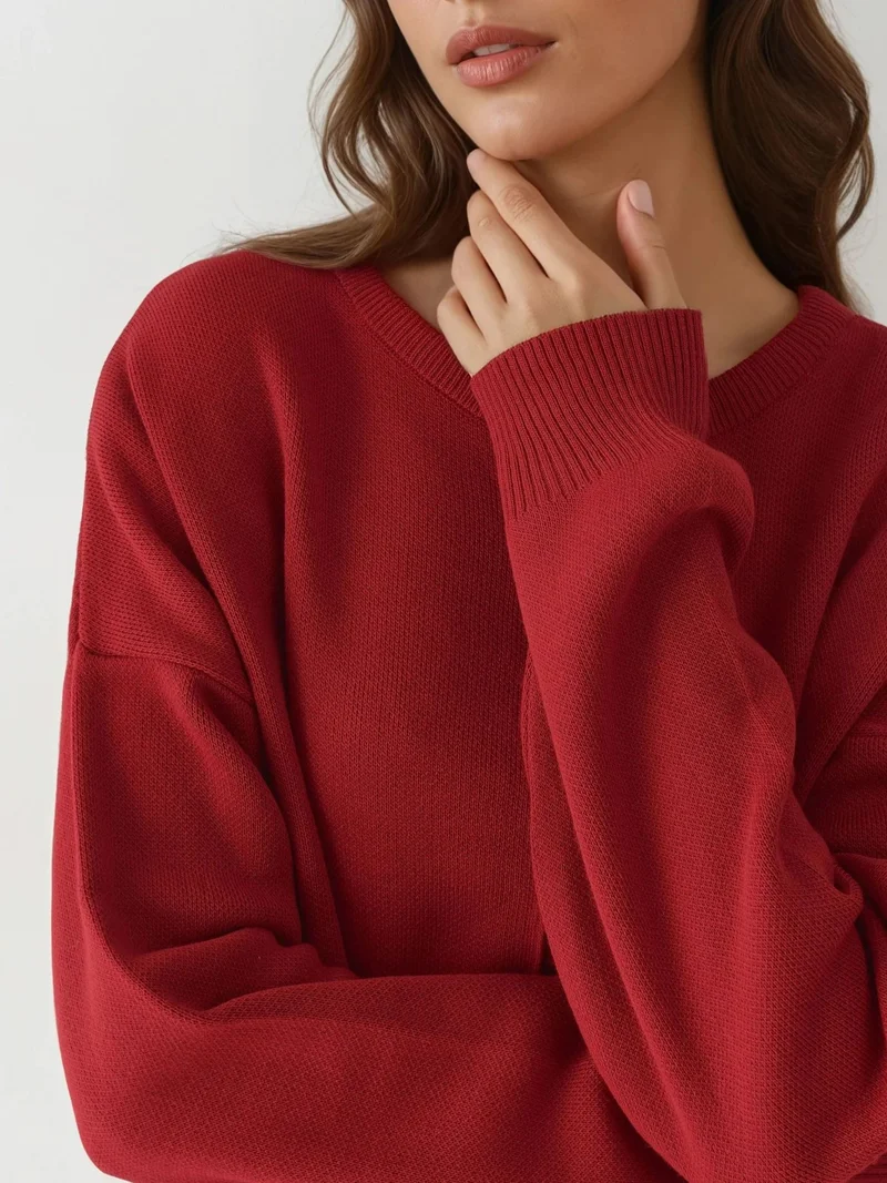 My Fashion Burgundy Red MY FASHION Textured Ribbed Long Knit Dress with Slit Detail for Women | Best Price UAE